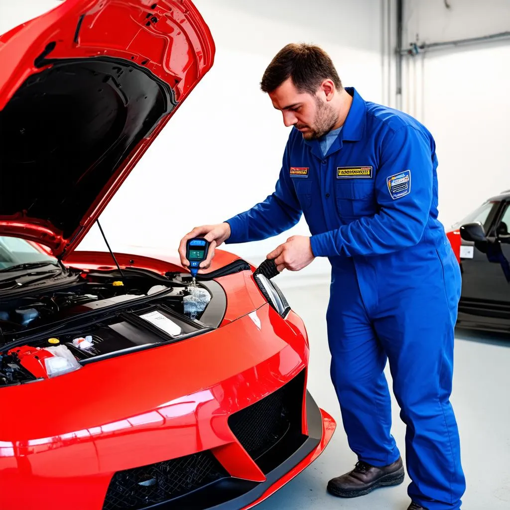 Mechanic using OBD scanner on a car in a garage