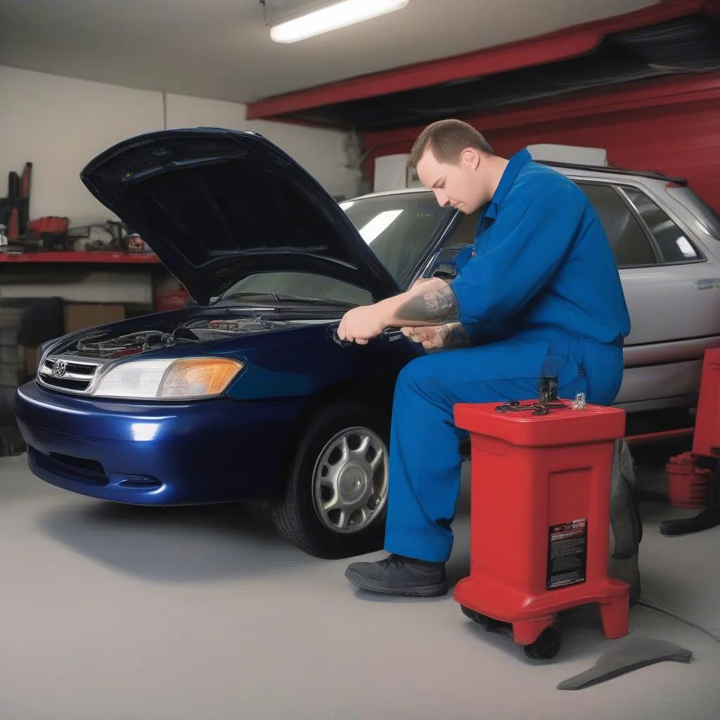 Mechanic diagnosing a 1998 Camry using an OBD Scanner