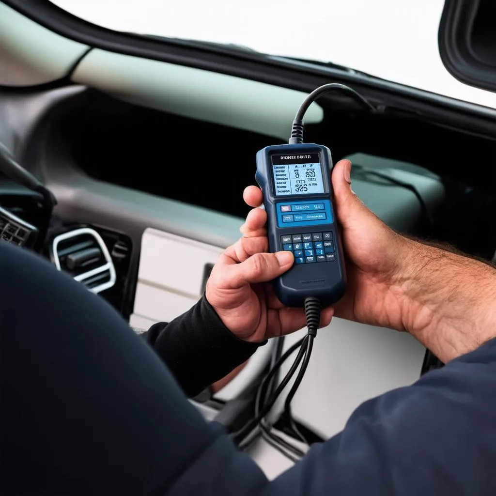 Mechanic using OBD Scanner on a Car