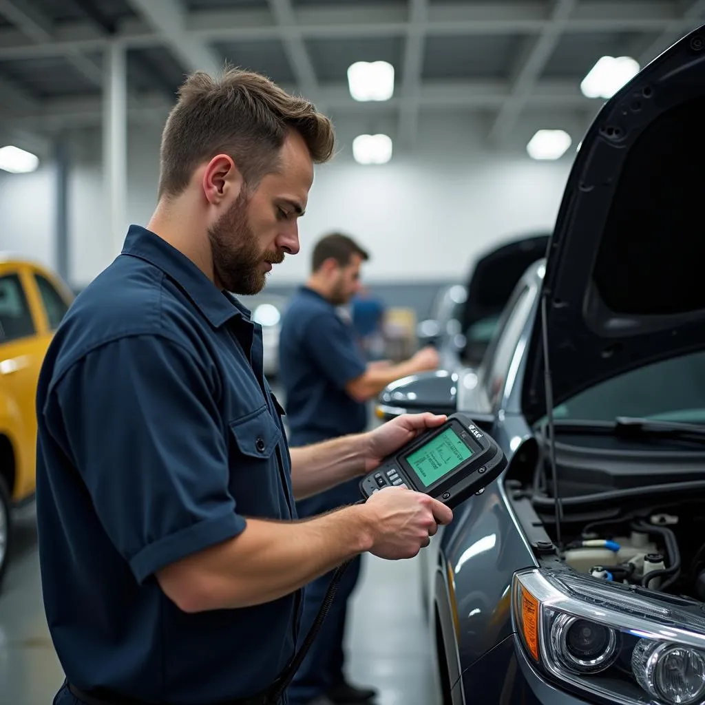 Mechanic Using OBD Scanner on a Car in a Garage