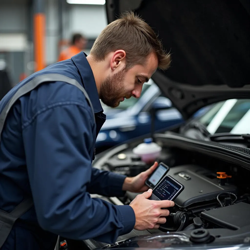 Mechanic Using OBD Scanner on Car Engine