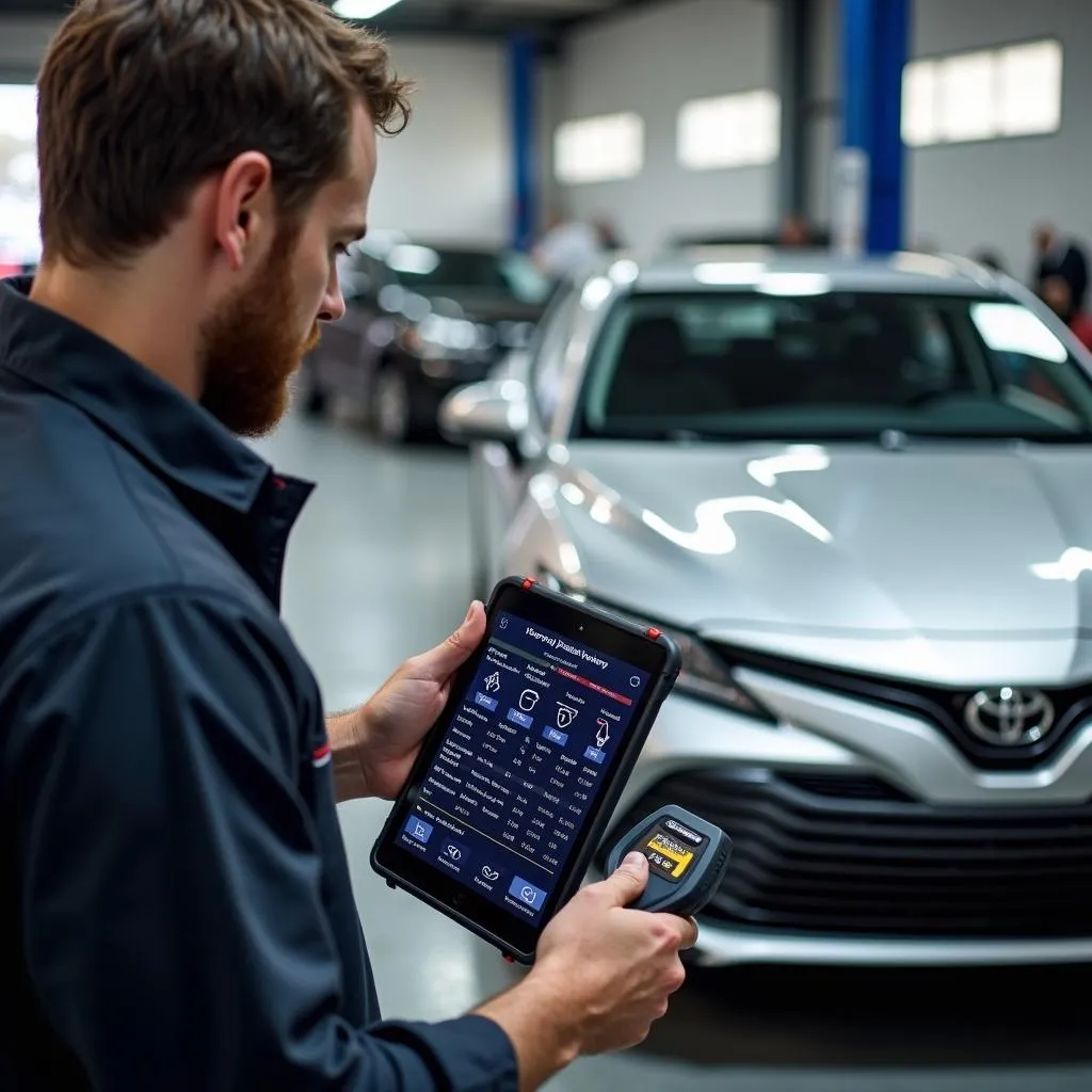 Mechanic using OBD Scanner on Toyota Camry