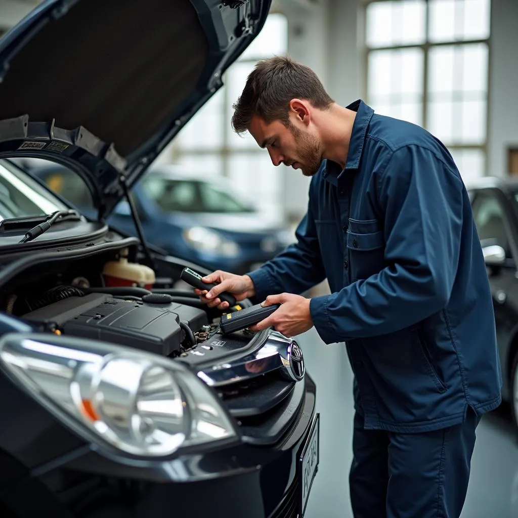 Mechanic using an OBD scanner on a Toyota Innova