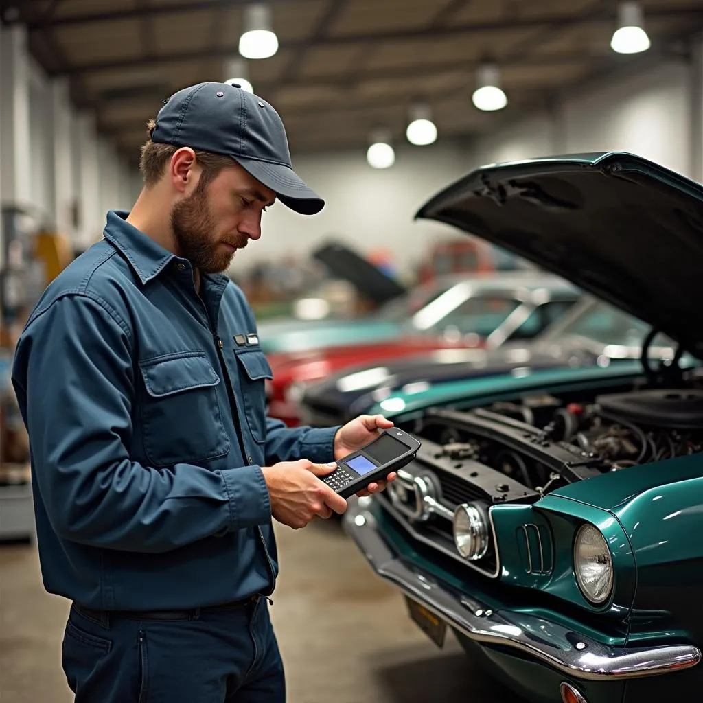 Mechanic Using OBD1 Scanner on a Classic Car