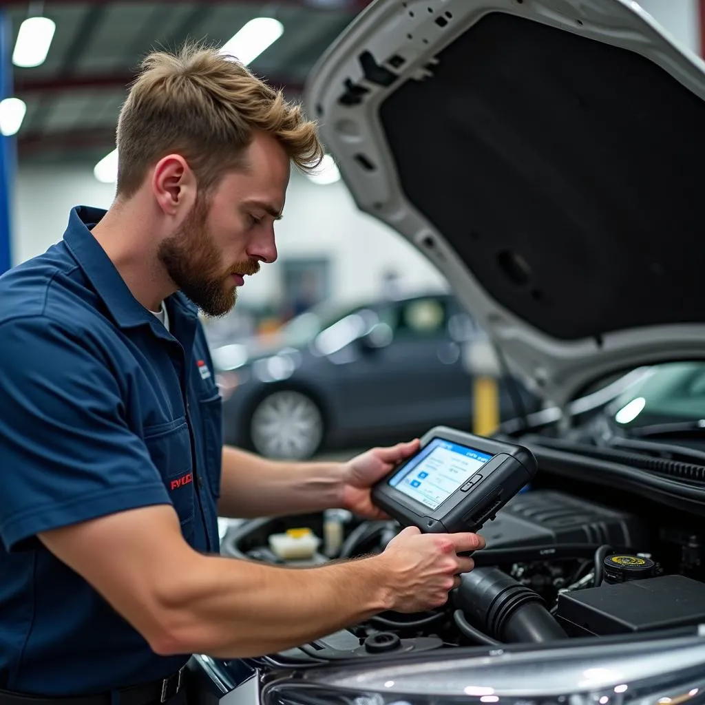 Mechanic using OBD11 scan tool for car diagnostics