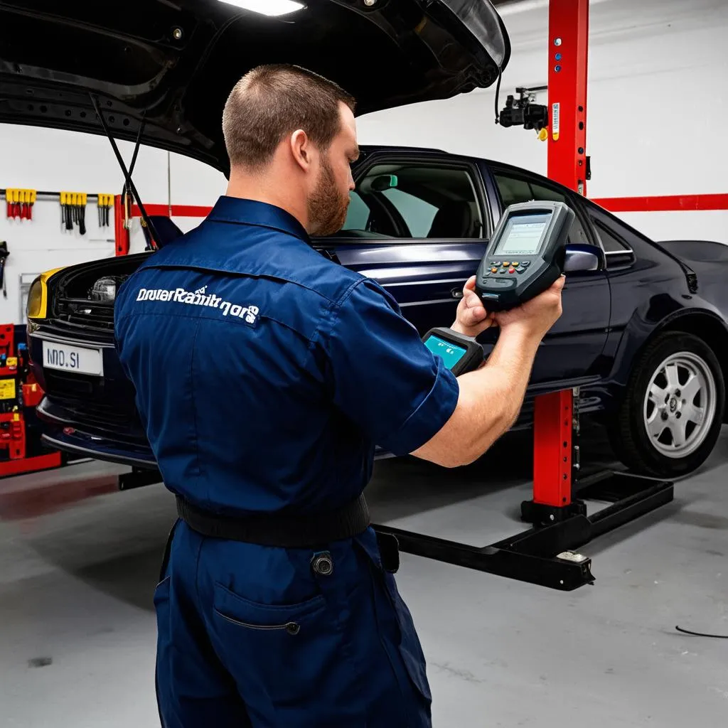 Mechanic Using OBD2 Scanner on a Car