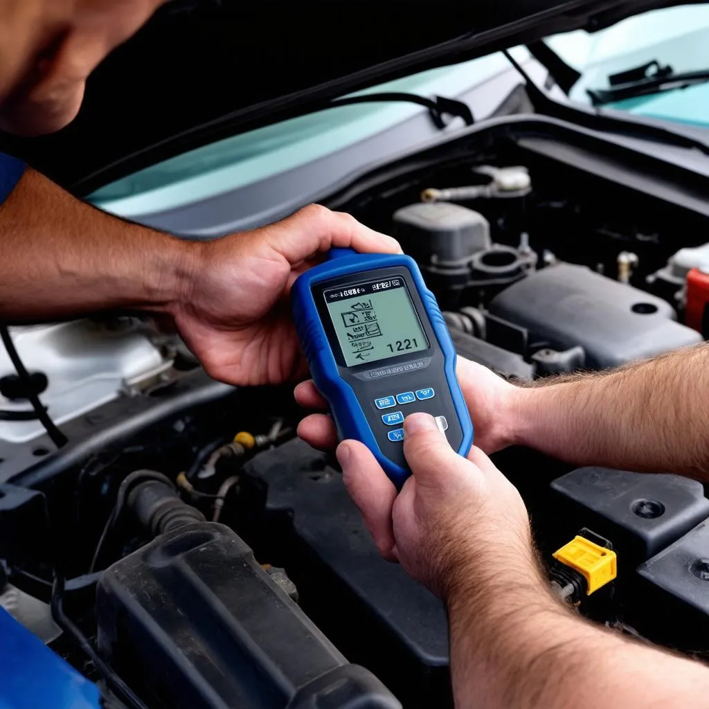 Mechanic using OBD2 Scanner on a car engine