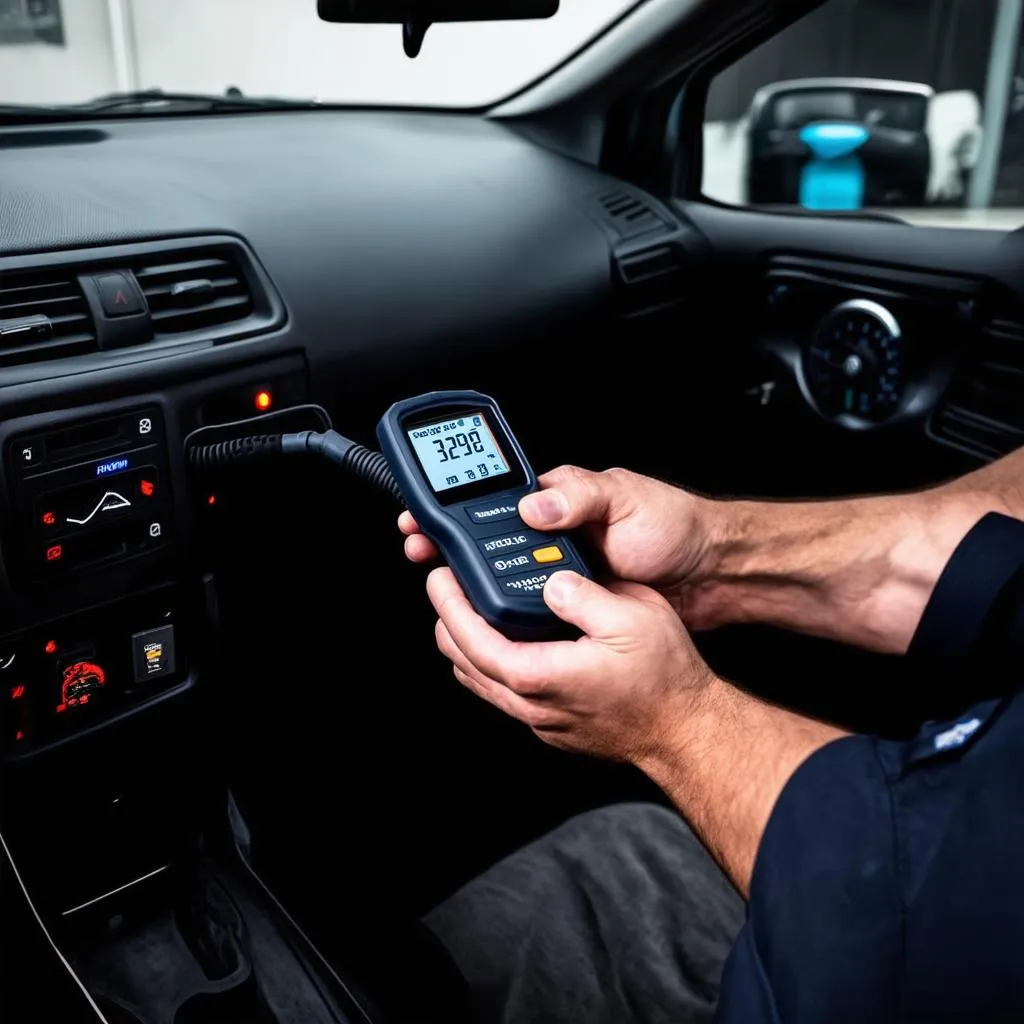 Mechanic Using OBD2 Scanner on a Car