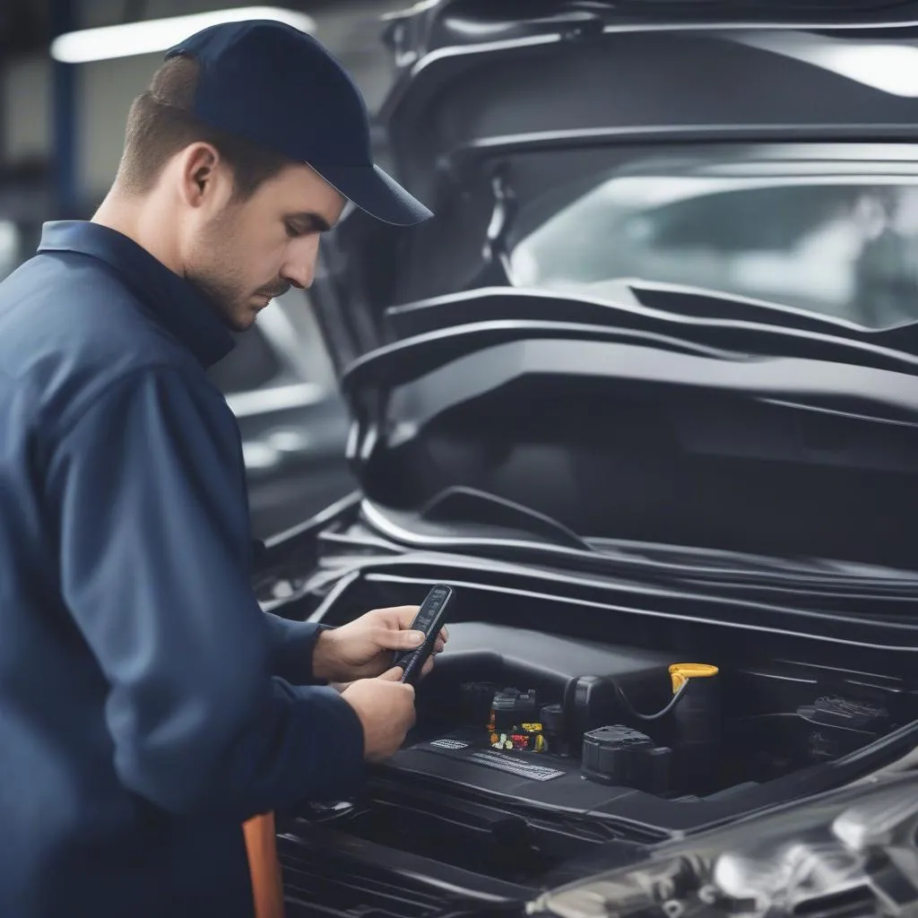 Mechanic using OBD2 scanner