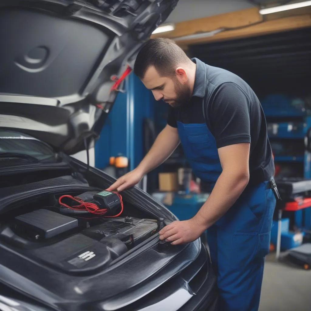 Mechanic plugging an OBD2 scanner