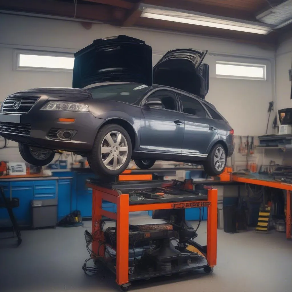 Mechanic Using OBD2 Scanner in Garage