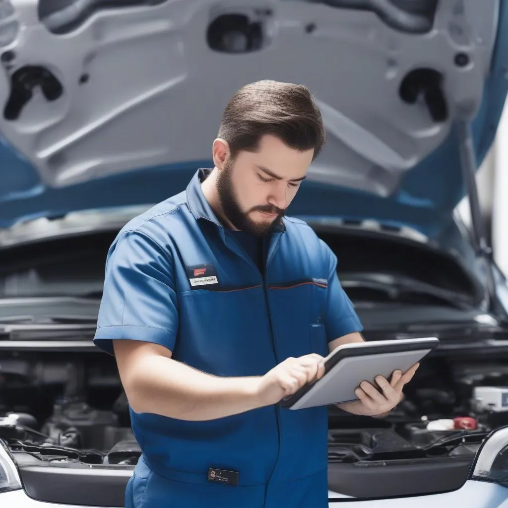 Mechanic using an OBD2 scanner to diagnose a car problem