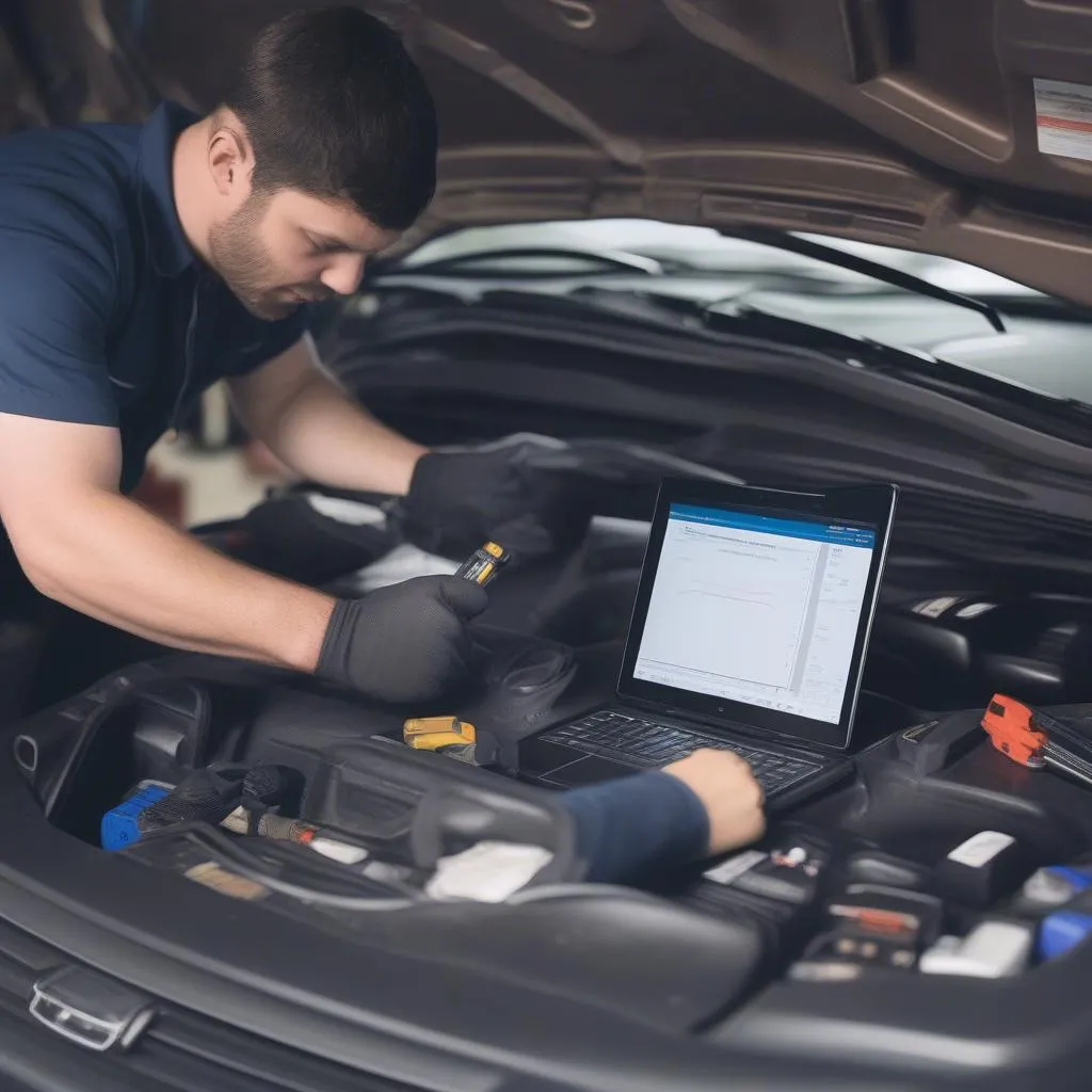 Mechanic connecting an OBD2 scanner to a car's port