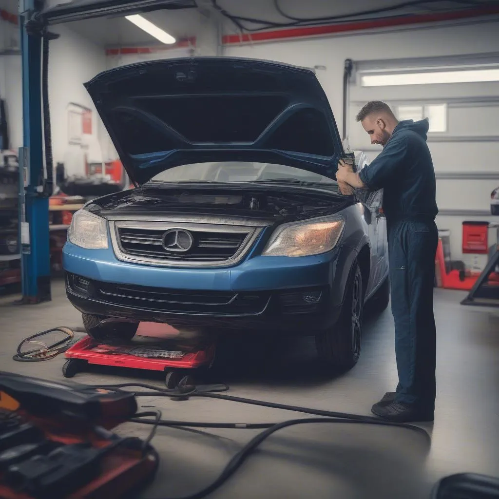 Mechanic using OBD2 scanner