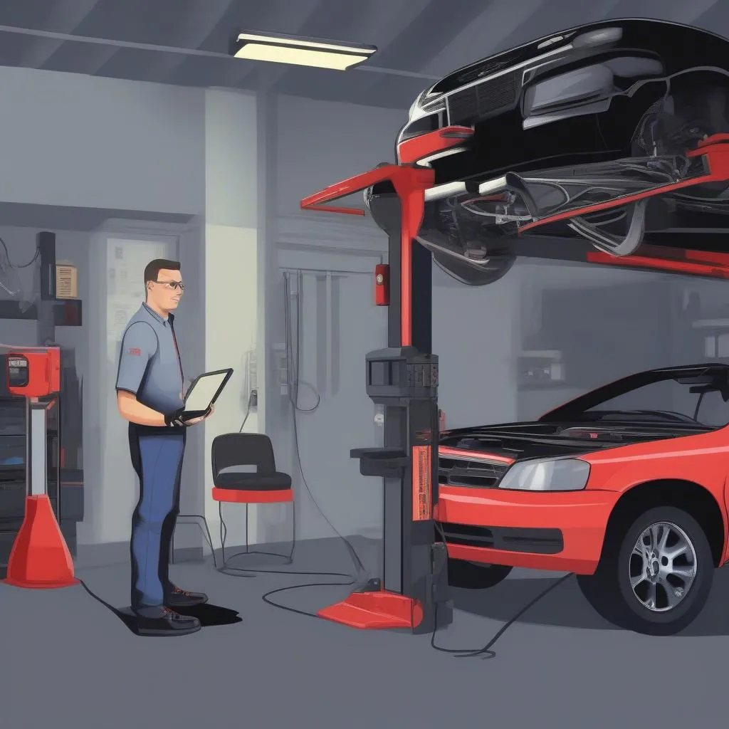 Mechanic using an OBD2 scanner to diagnose a car problem