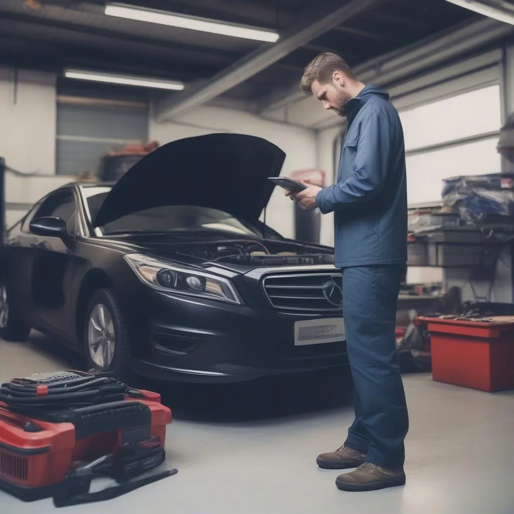 Mechanic using OBD2 scanner