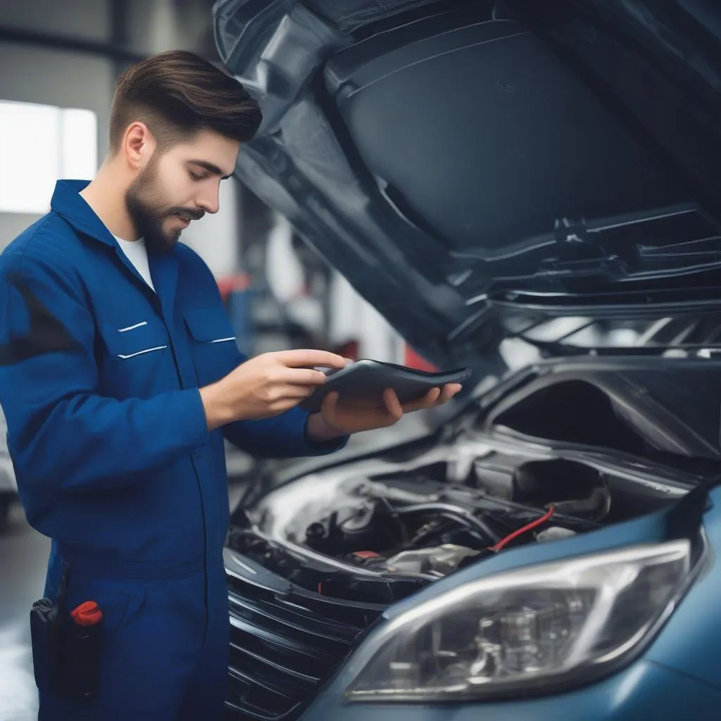 Mechanic using an OBD2 scanner on a car