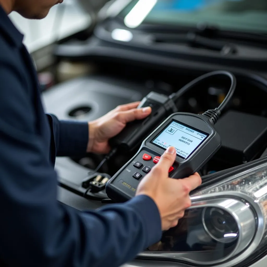 Mechanic using OBD2 scanner on a car