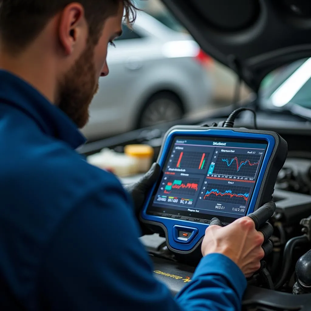 Mechanic analyzes live data from an OBD2 scanner