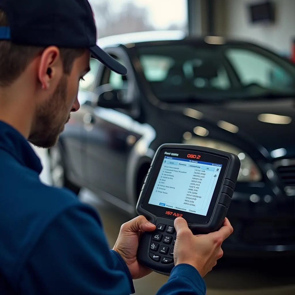 Mechanic diagnosing car with OBD2 scanner in a professional garage