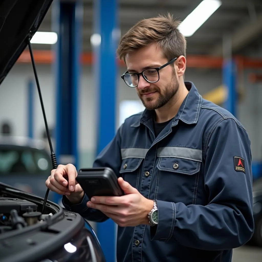 Mechanic Using OBD2 Scanner in Workshop