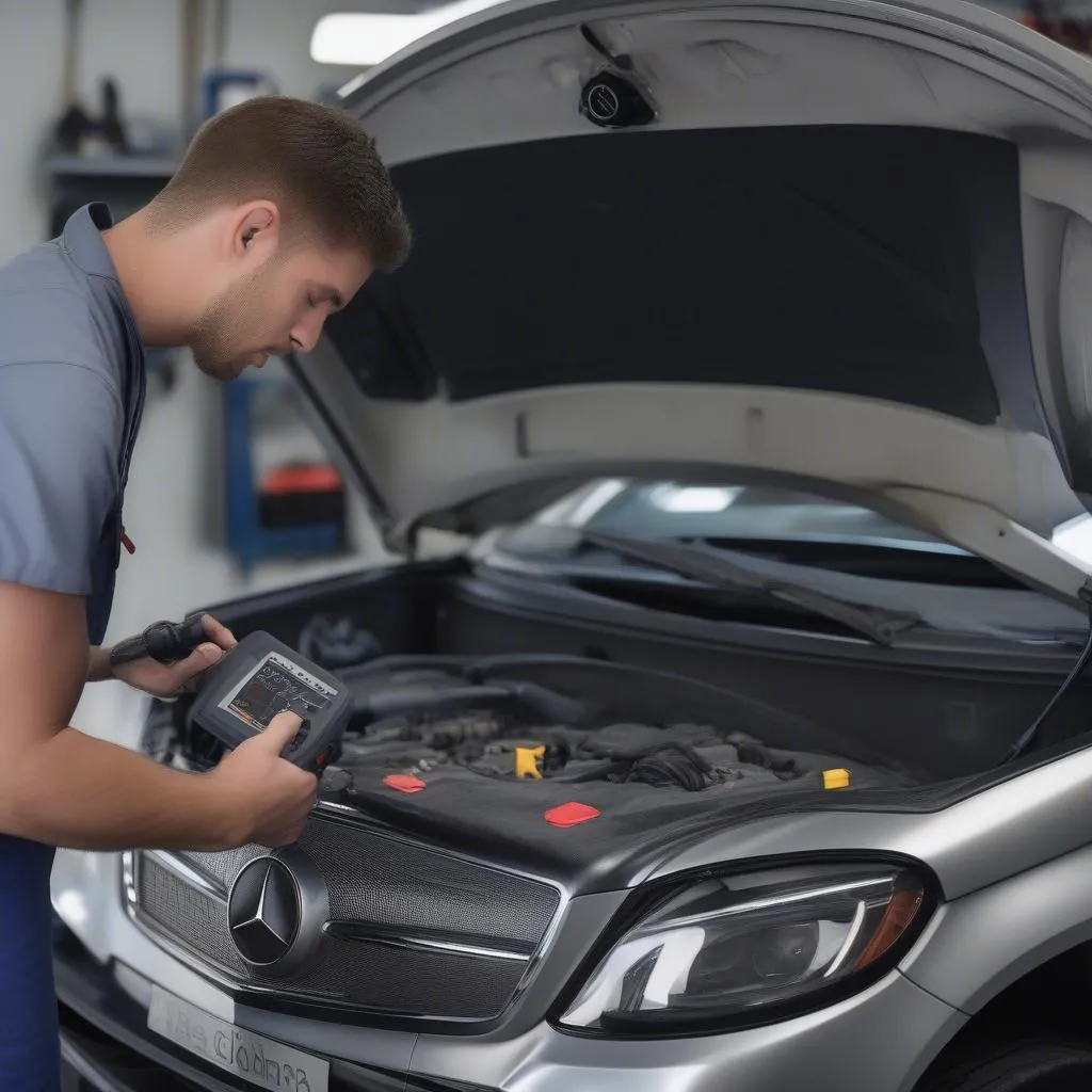 Mechanic Using OBD2 Scanner on Mercedes in Garage