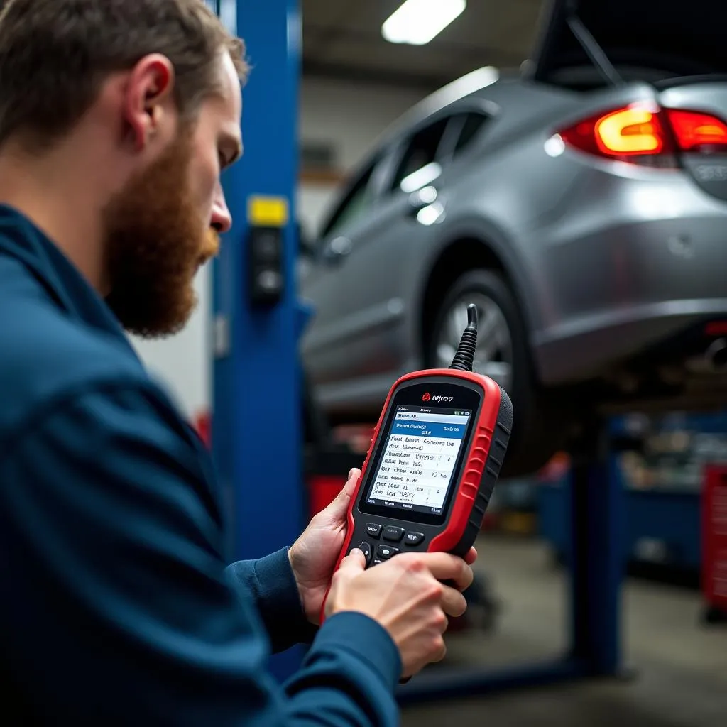 Mechanic Diagnosing a Car with OBD2 Scanner