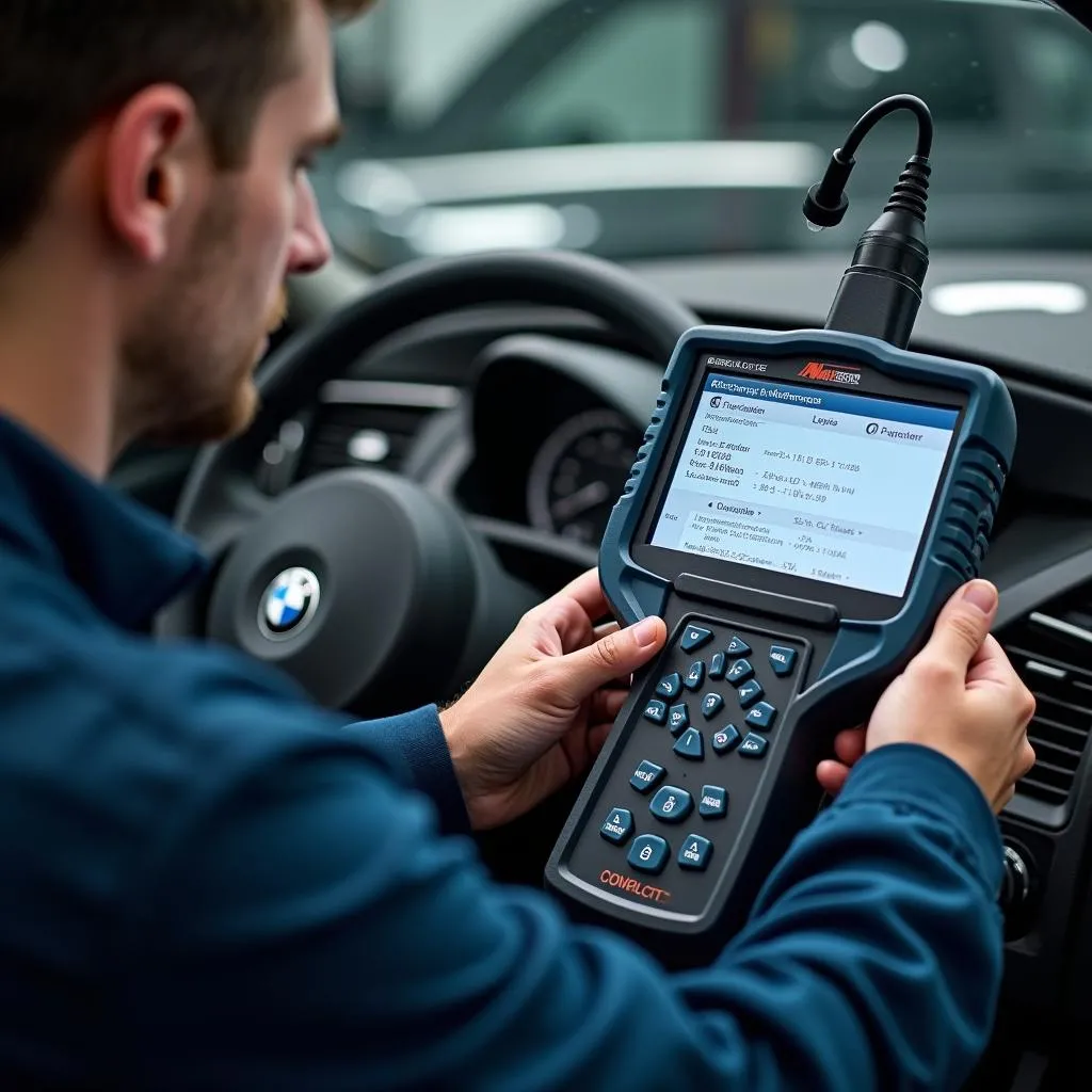 Mechanic using OBD2 scanner on BMW