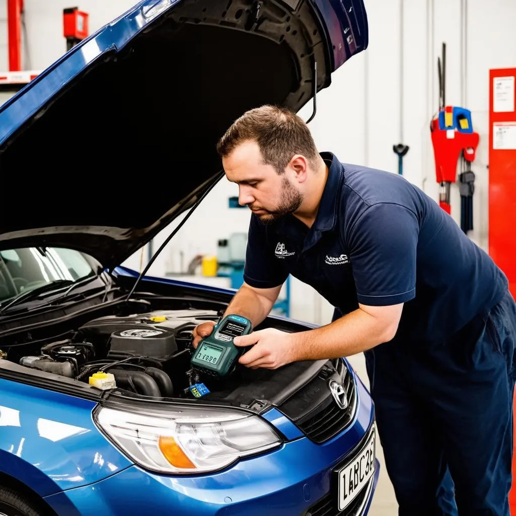 Mechanic Using OBD2 Scanner on Car in Auto Shop