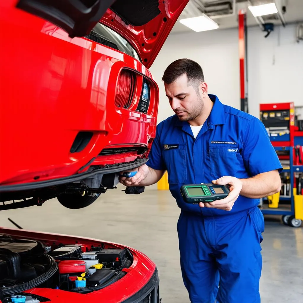 Mechanic using an OBD2 scanner on a car