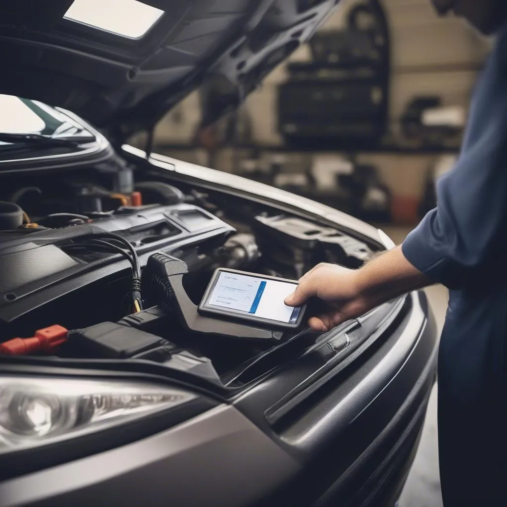 Mechanic using an OBD2 scanner to diagnose a car