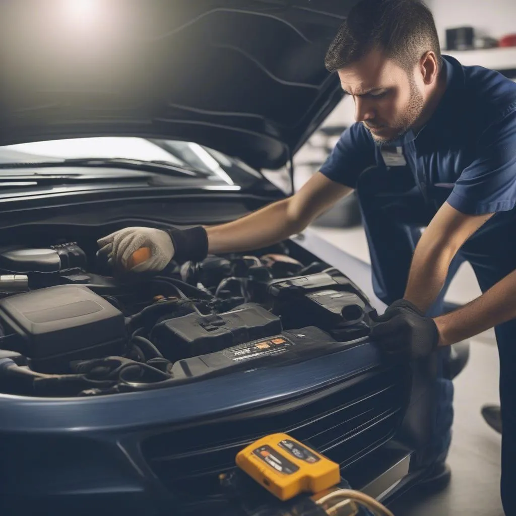 Mechanic Using OBD2 Scanner on Car