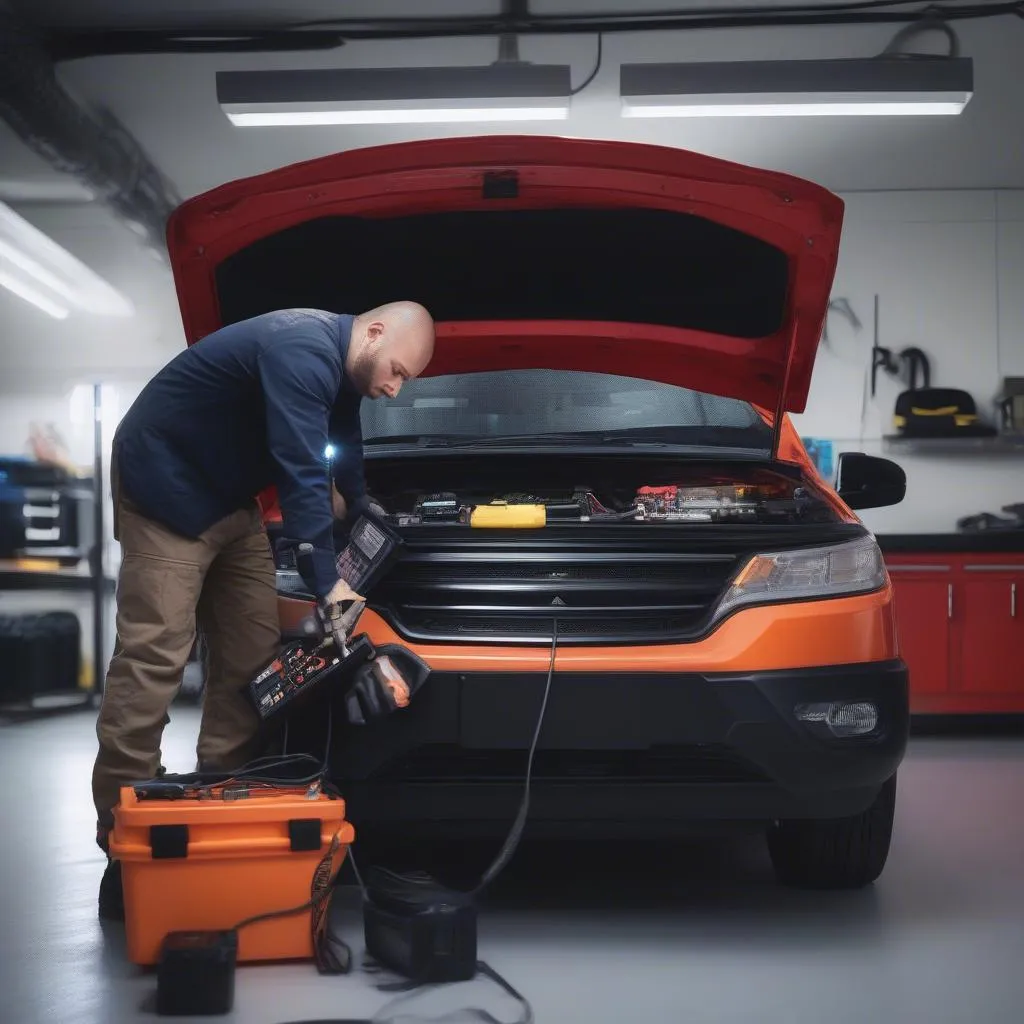 Mechanic using OBD2 Scanner on Car