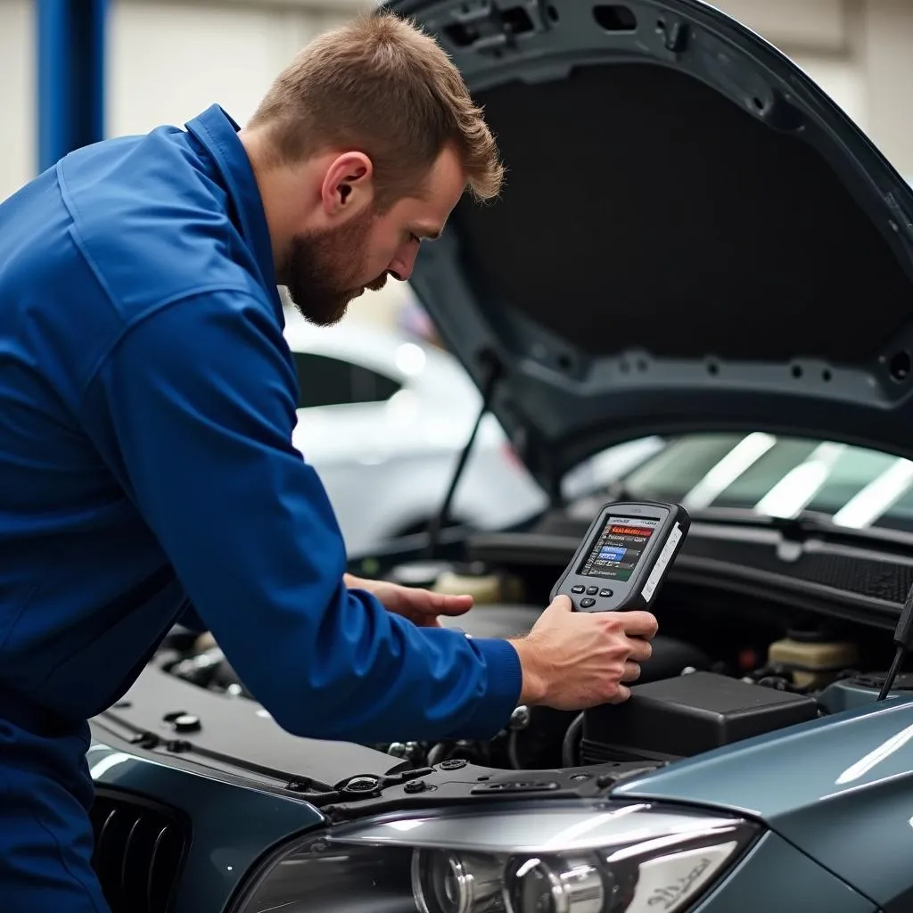 Mechanic using OBD2 scanner to diagnose car problems.