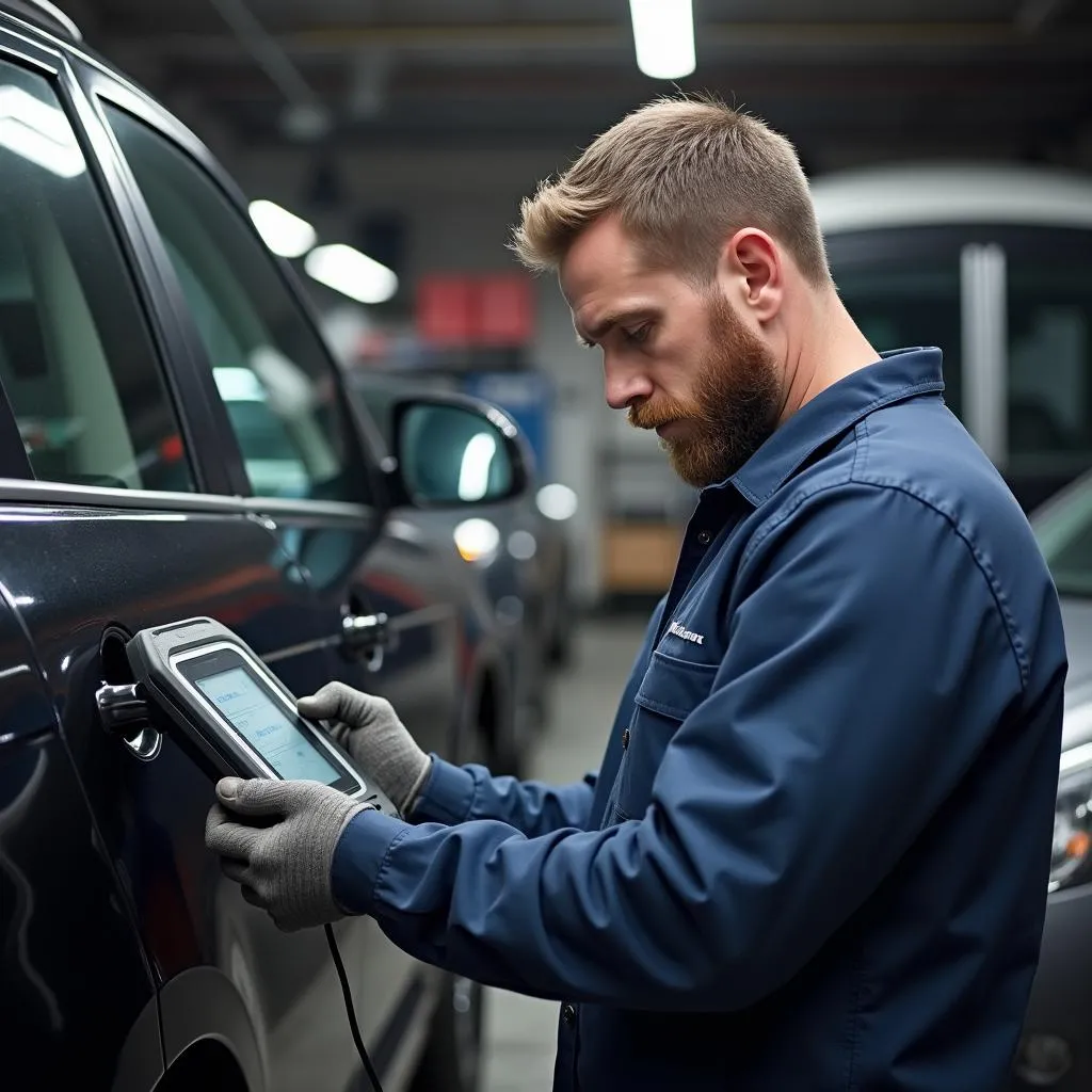 Mechanic Using OBD2 Scanner on Car