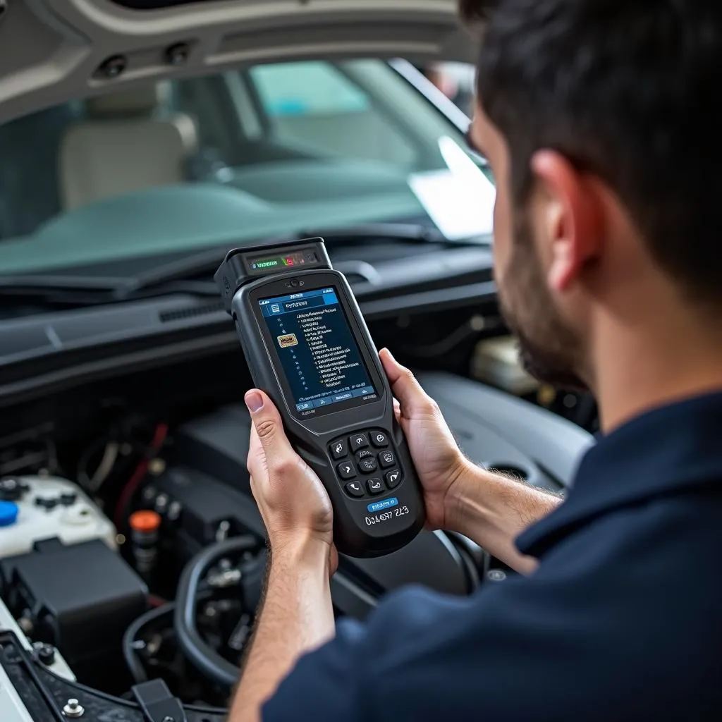 Mechanic using OBD2 scanner on car engine