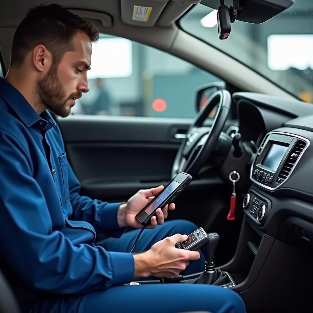 Mechanic Using OBD2 Scanner on Car in Garage