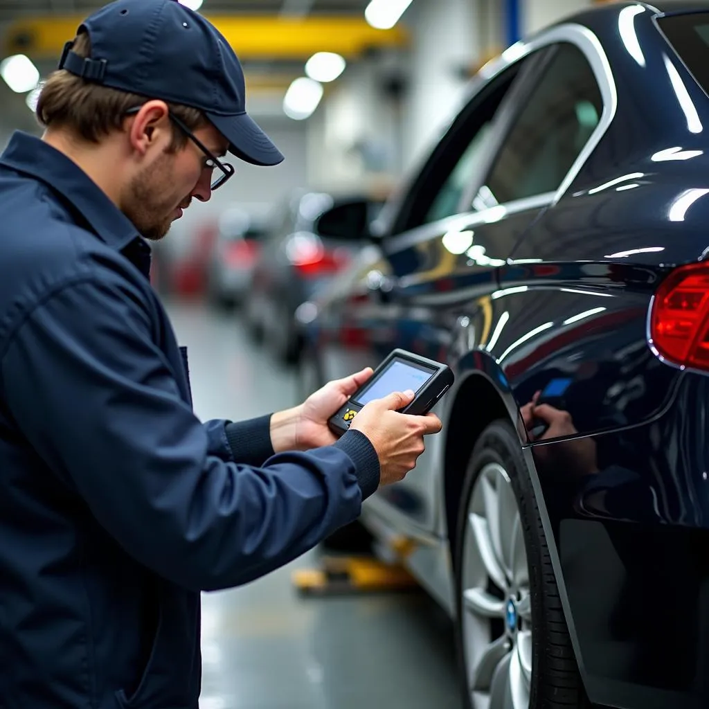 Mechanic Using OBD2 Scanner on European Car