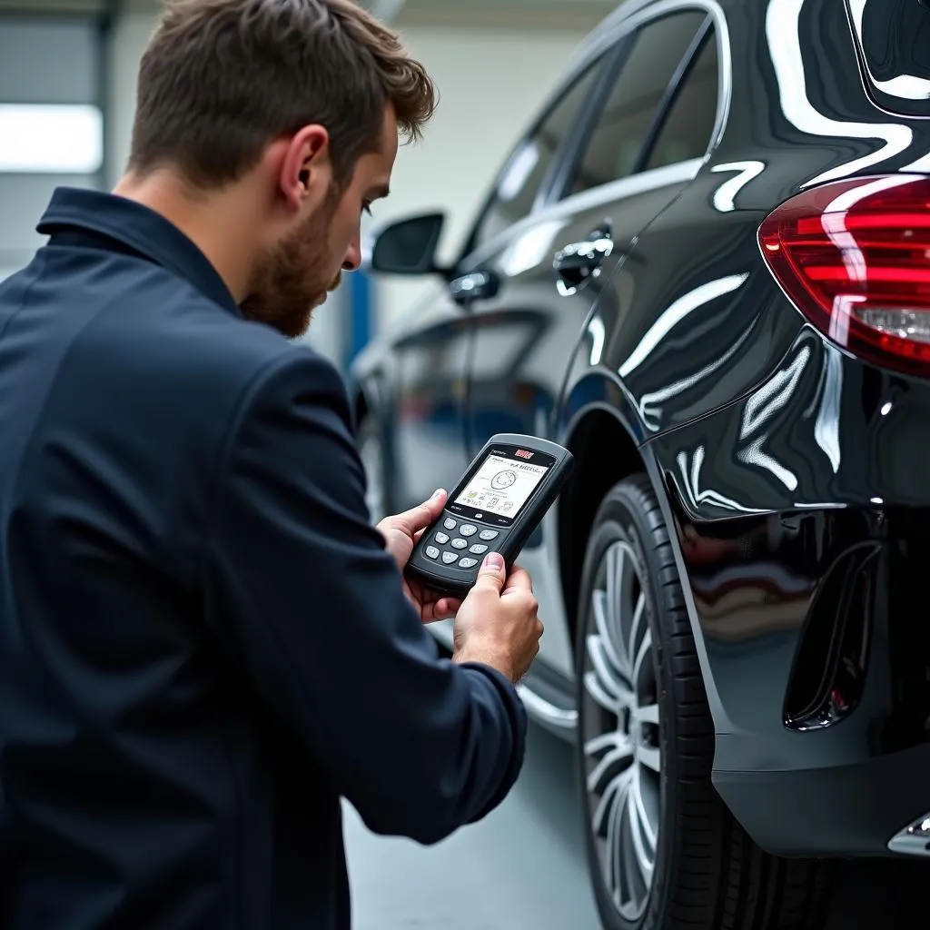 Mechanic Diagnosing a European Car with an OBD2 Scanner