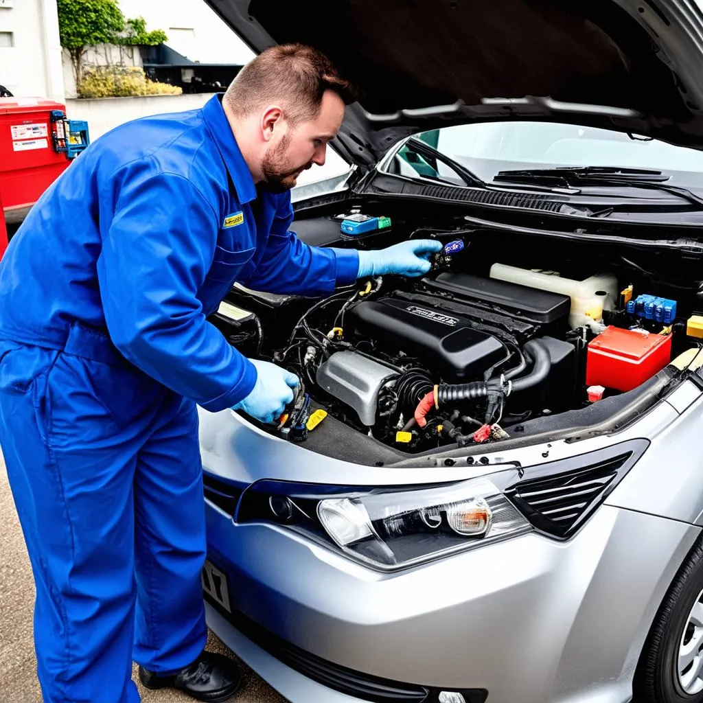 Mechanic Using OBD2 Scanner on Toyota Engine