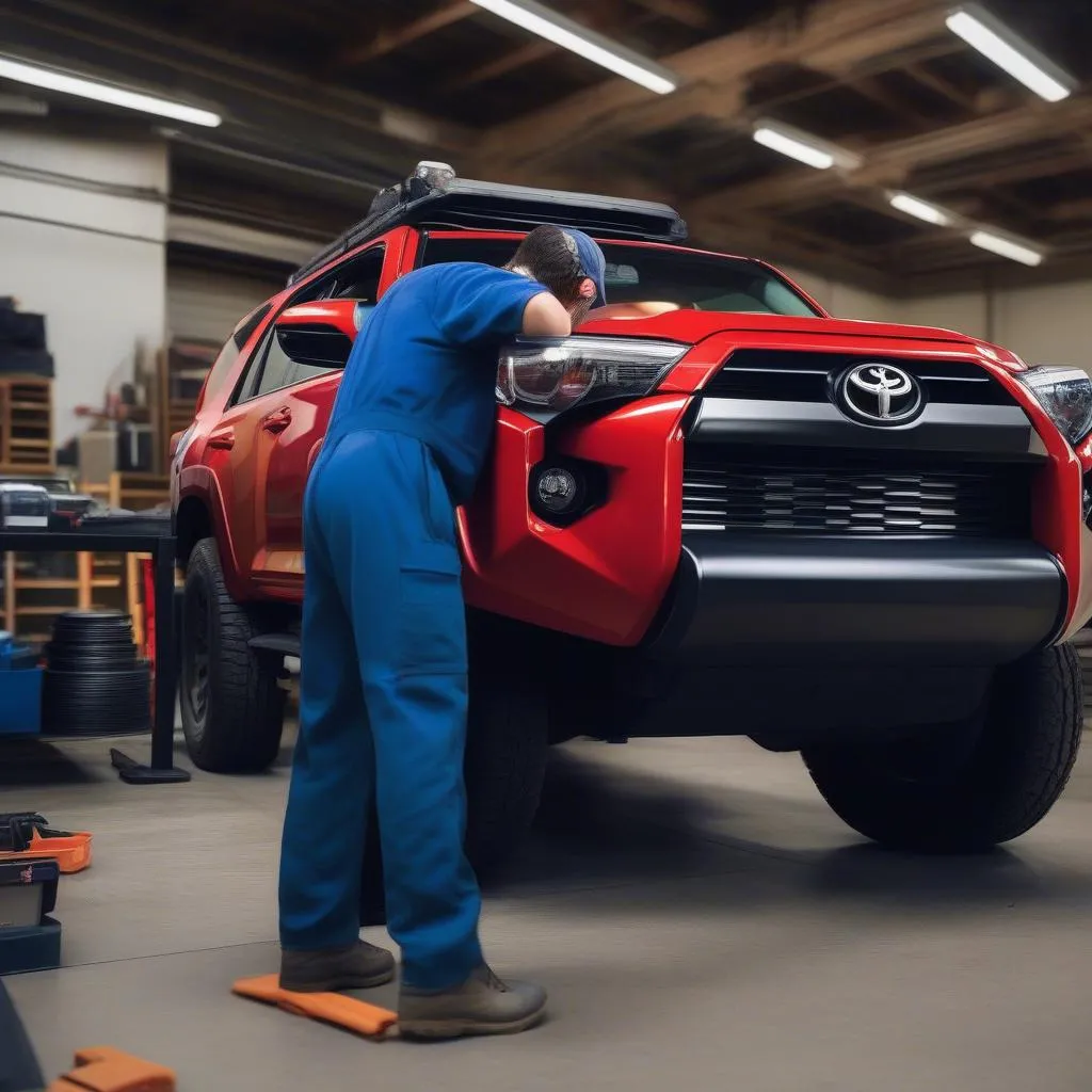 Mechanic plugging an OBD2 scanner into a Toyota engine