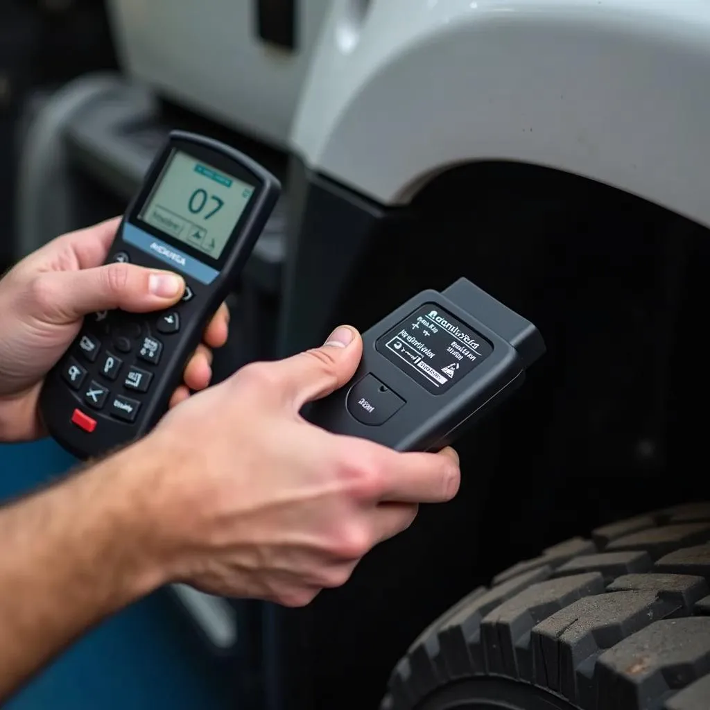 Mechanic using OBD2 scanner on a truck