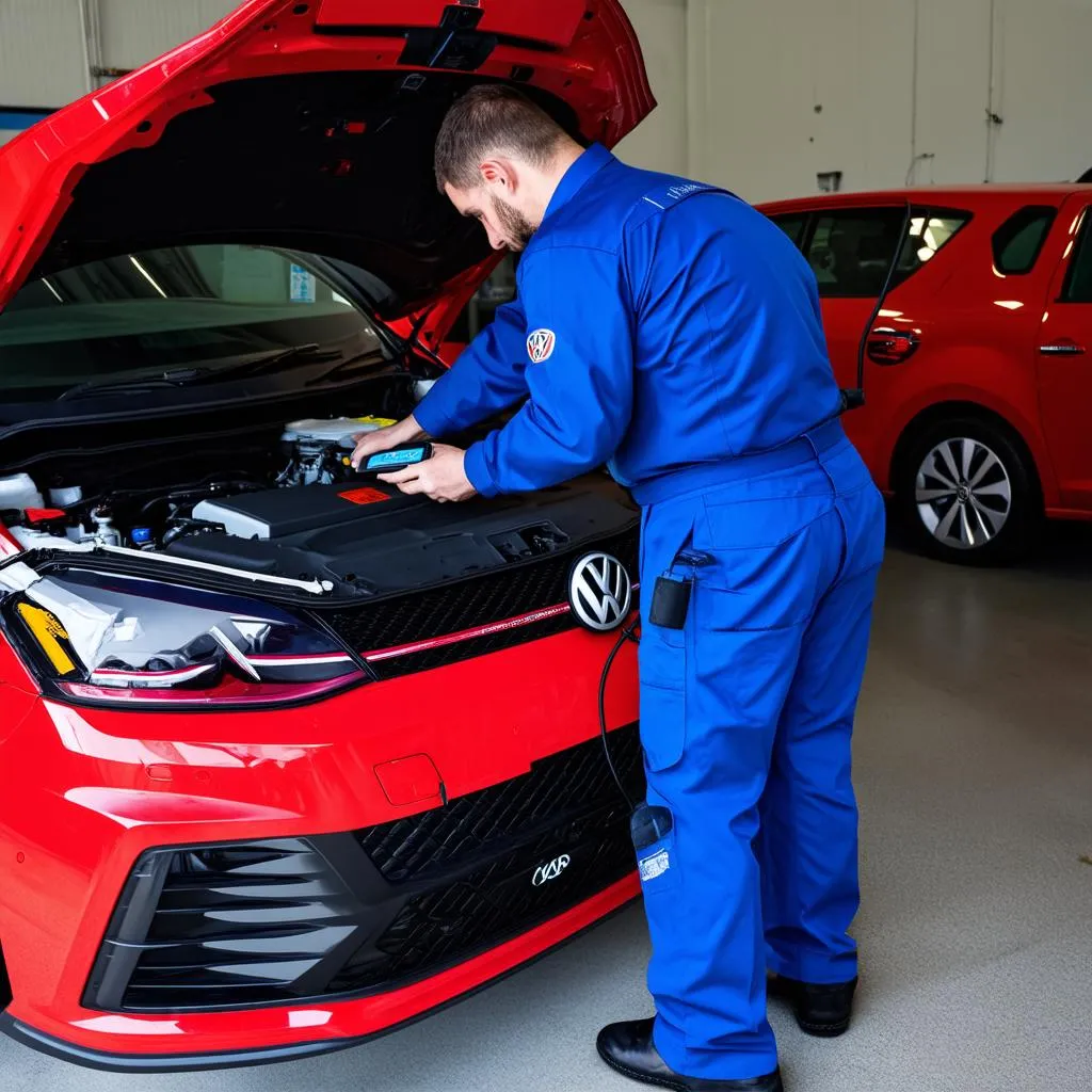 Mechanic Using OBD2 Scanner on VW