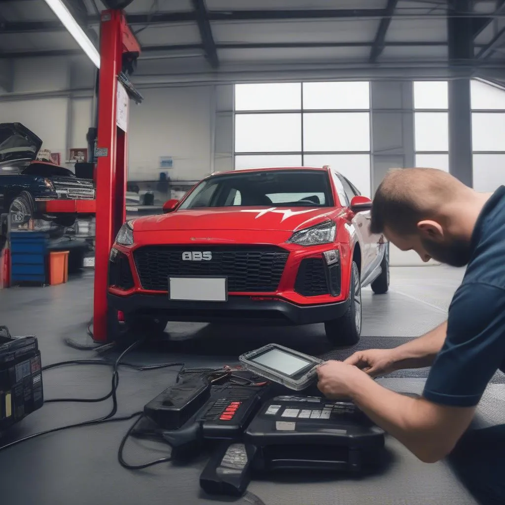 Mechanic using OBD2 scanner to diagnose ABS