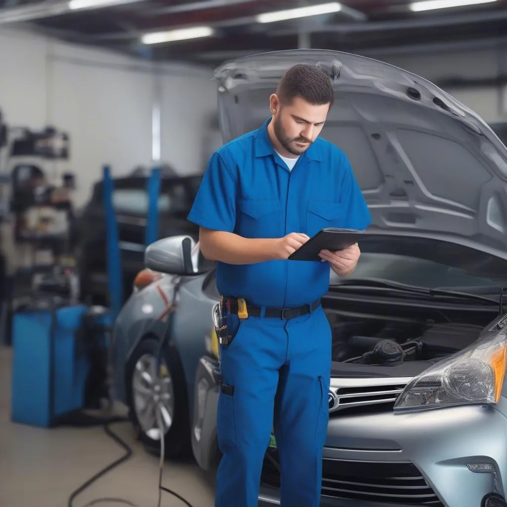 Mechanic Diagnosing Toyota Prius with OBD2 Scanner