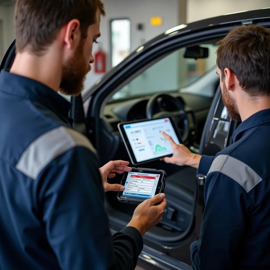 Mechanic using OBDLink MX Bluetooth scan tool to diagnose a car problem.