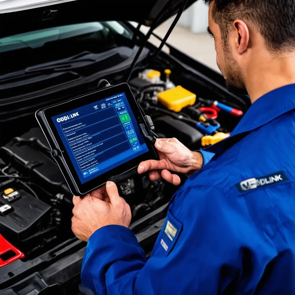 Mechanic using OBDLink MX WiFi scan tool with a tablet to diagnose a car