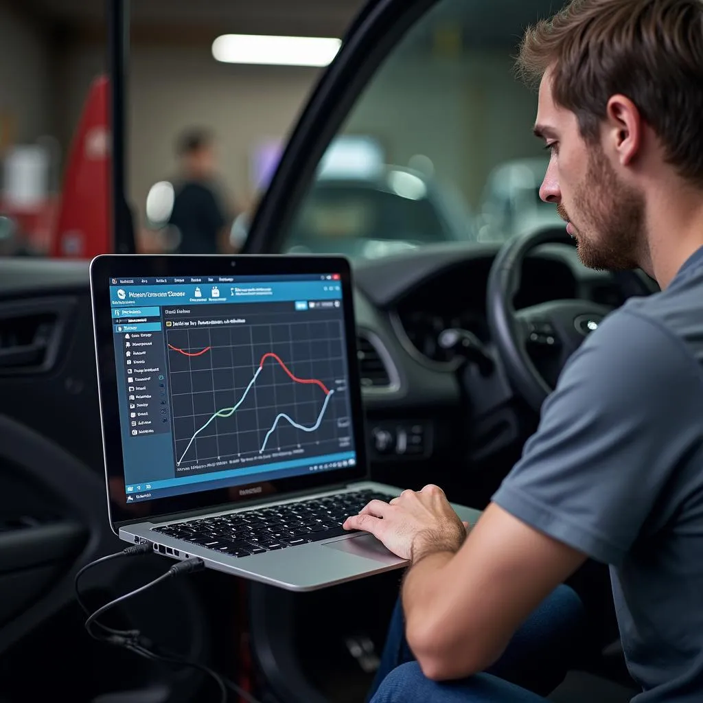 Mechanic Using PC Auto Scan Tool on a Car