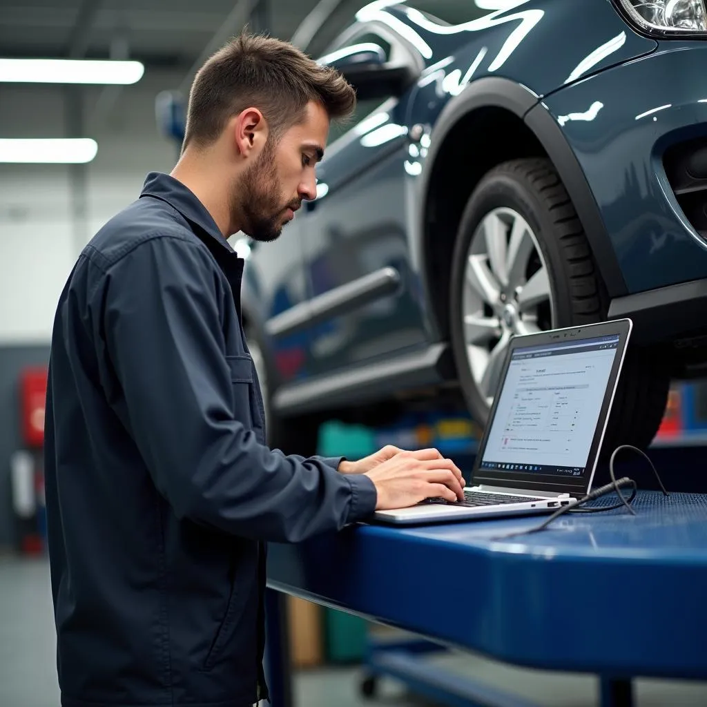 Mechanic using PC based OBD2 scan tool in a workshop