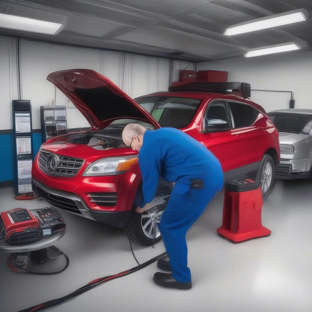 Mechanic using a professional blue car scan tool on a car in a workshop